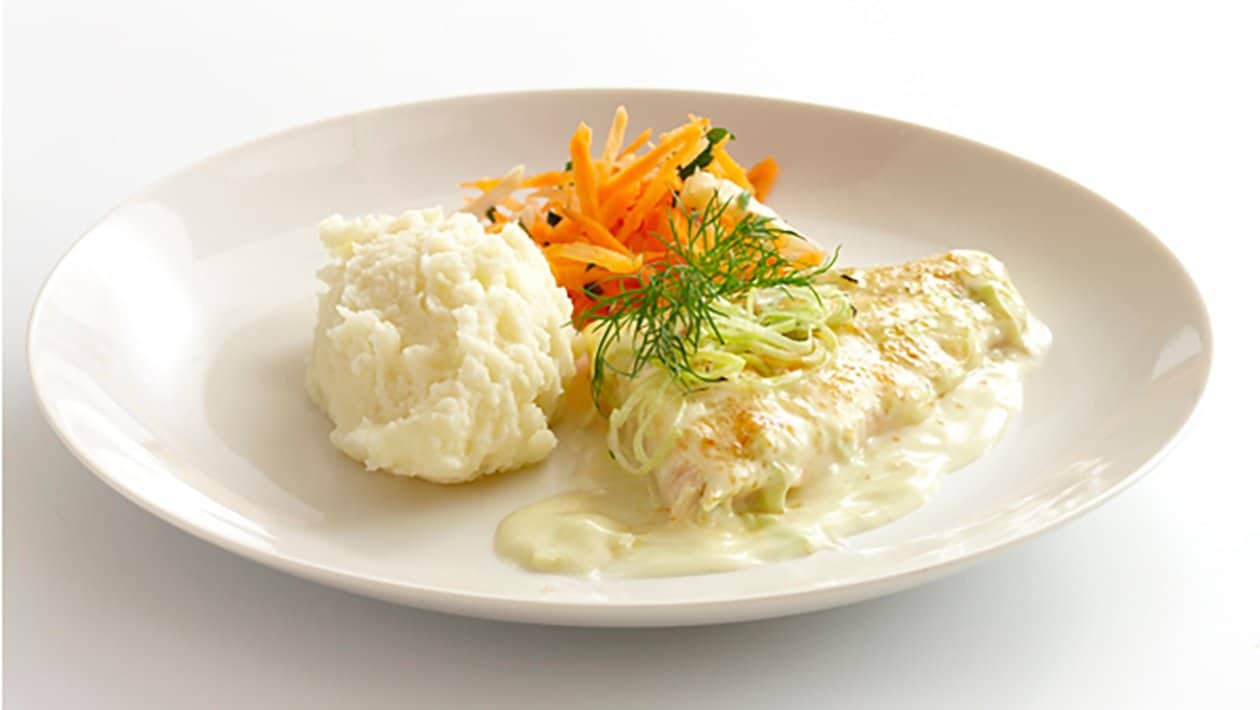 Citron och purjolöksbakad hokifilè med potatismos, klimatsmart mat