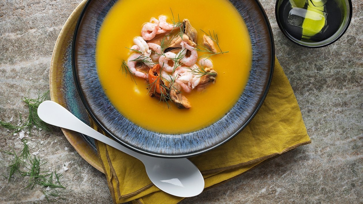 Grönland - Pumpa och morotsoppa med räkor och musslor